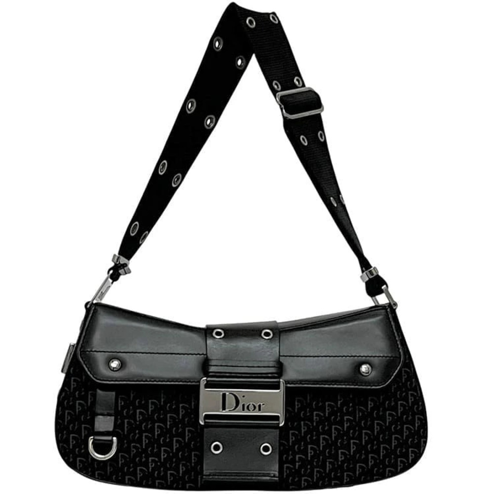 Christian Dior Shoulder Bag Street Black Trotter Canvas Leather Hobo All over
